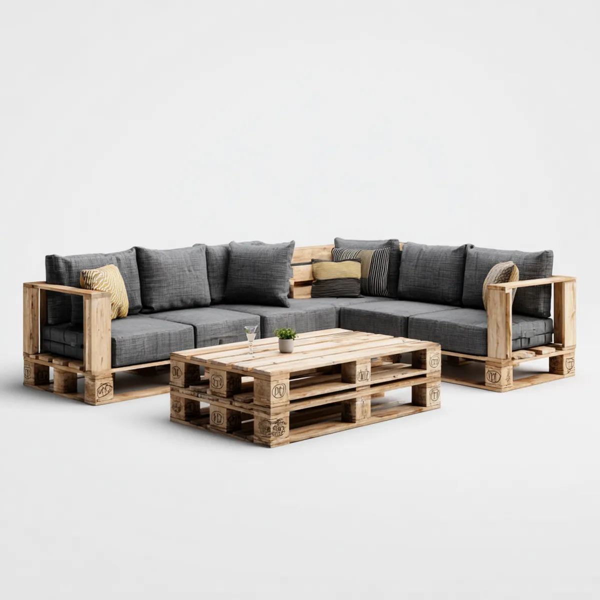 Salon de jardin d’angle 4 places gris naturel en pin massif avec table basse 220 x 160 cm