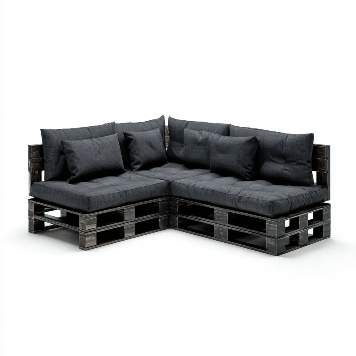 Canapé de jardin d'angle 4 places noir en bois massif avec coussins en polyester 200 x 120 x 80 cm