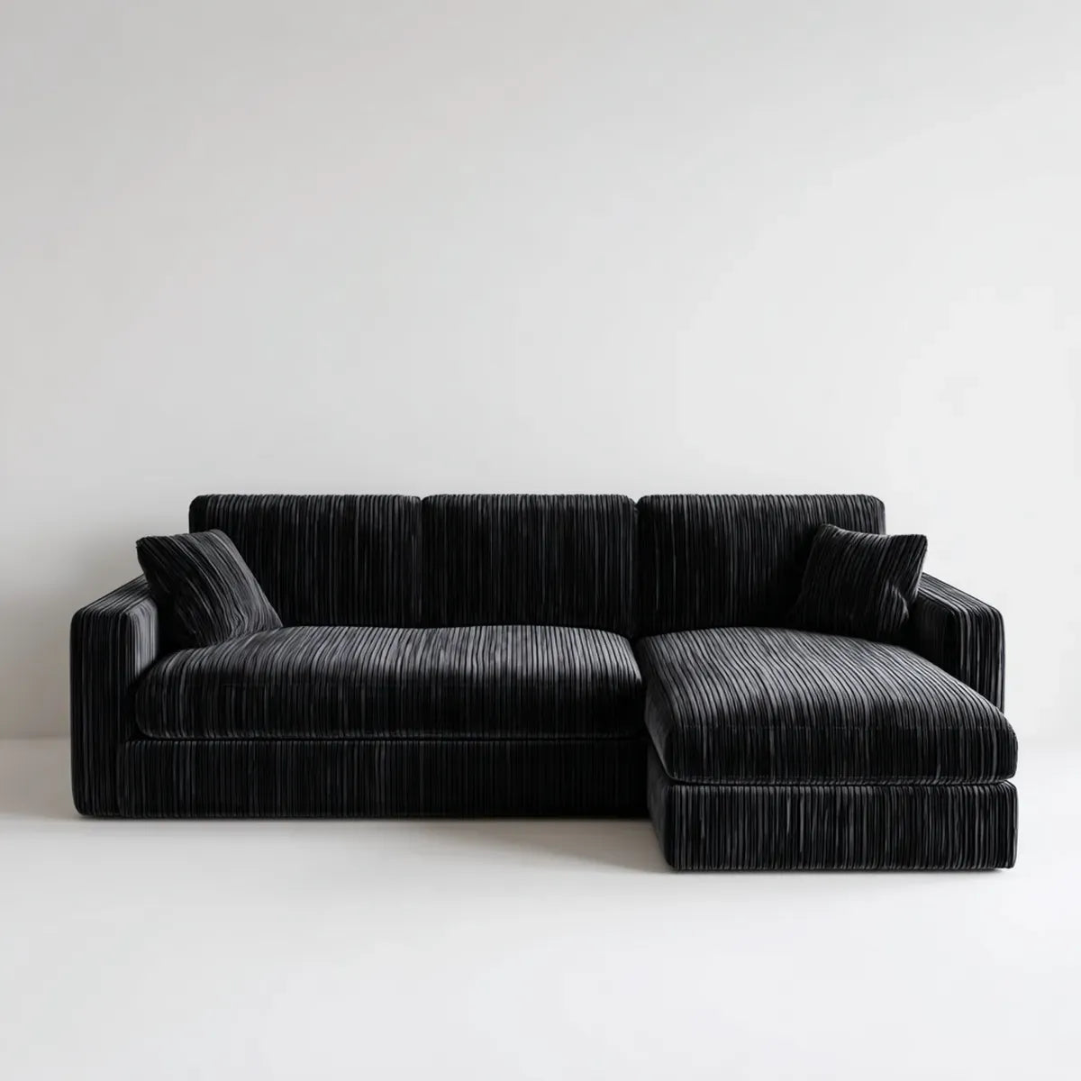 Canapé d’angle 3 places avec méridienne droite noir 280 x 160 x 72 cm velours côtelé polyester forme L
