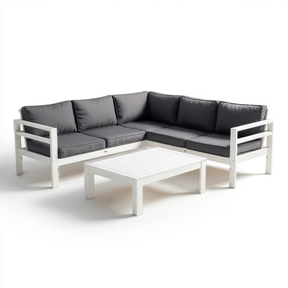 Salon de jardin d'angle avec table basse blanc et gris anthracite en aluminium et polyester 230 x 230 cm