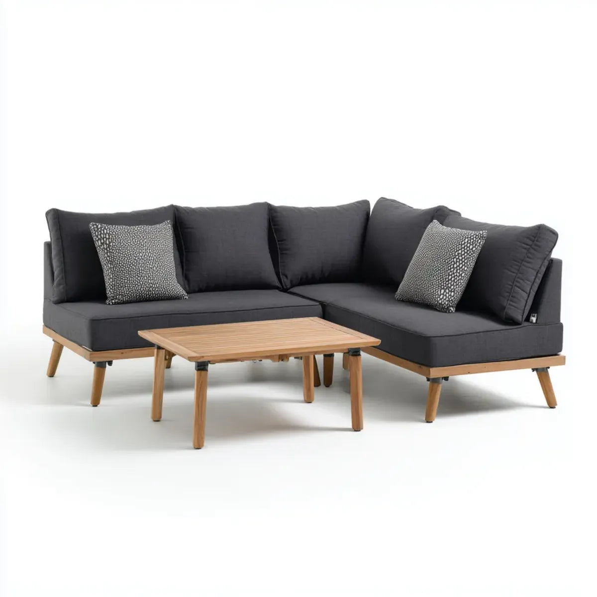 Salon de jardin d’angle 4 places noir en acacia massif avec table basse 210 x 210 x 75 cm